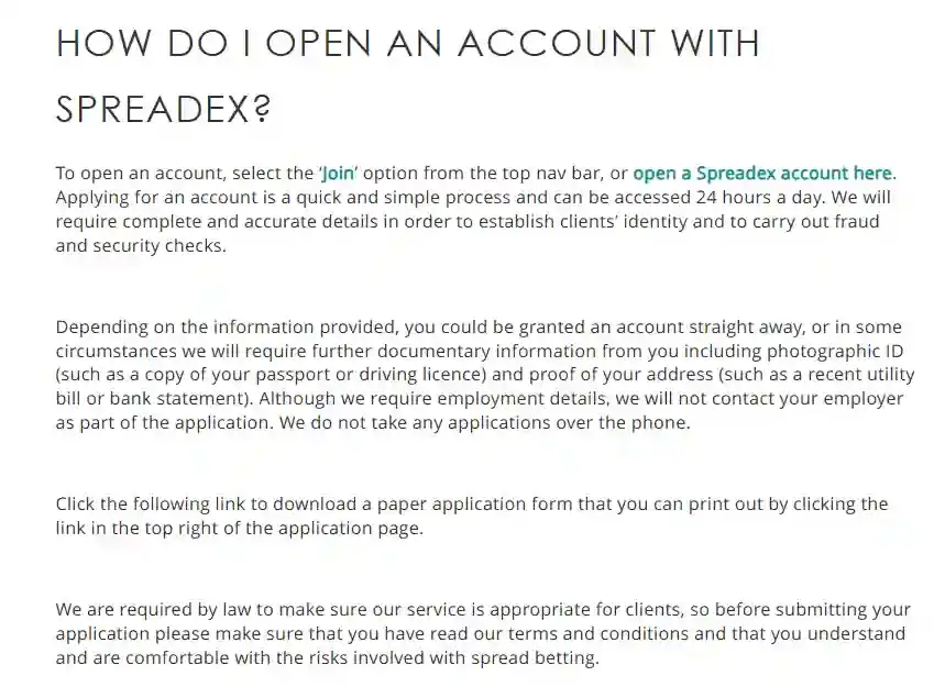 Official Spreadex account guidance covering identity and document requirements