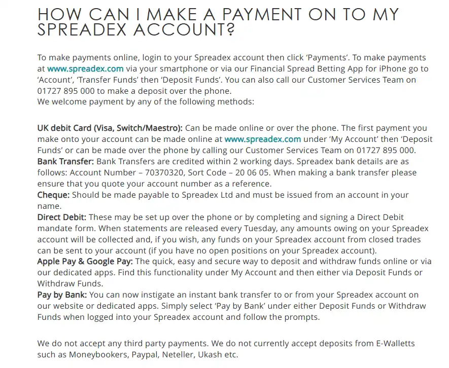 Official Spreadex payment information listing current deposit methods