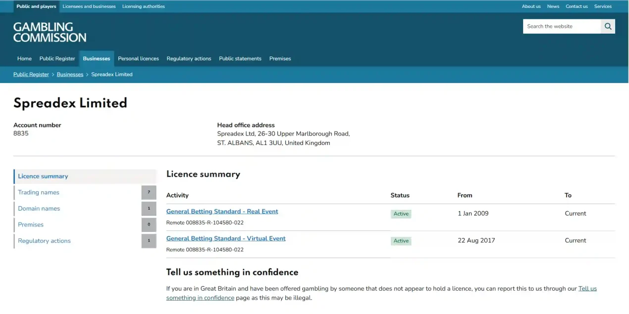 UK Gambling Commission public register licence summary for Spreadex Limited account 8835