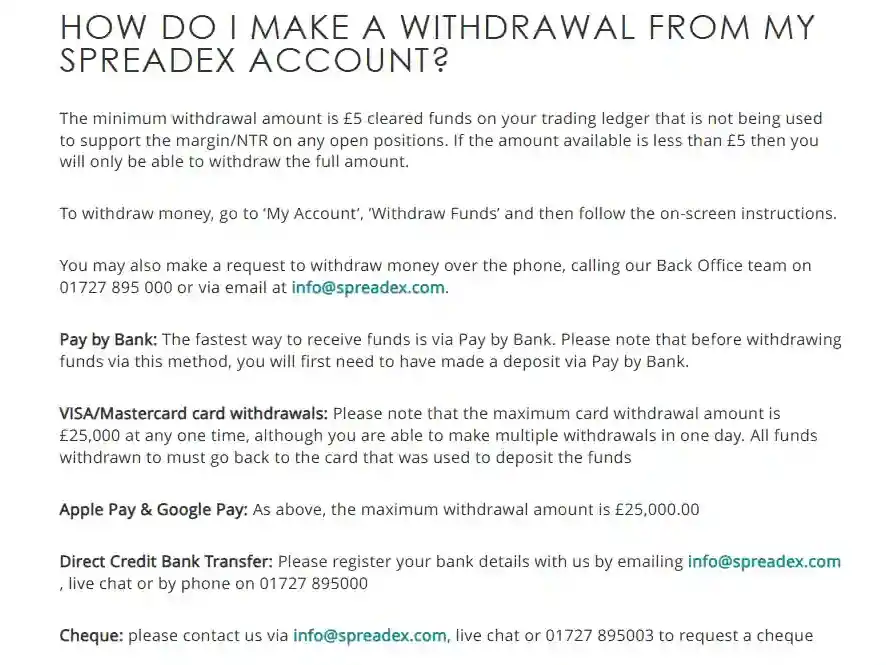 Official Spreadex payment information showing withdrawal methods and conditions
