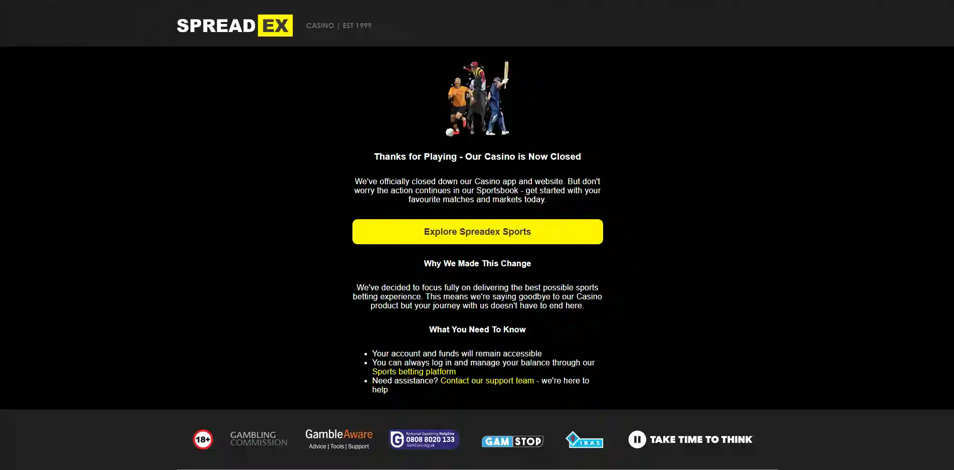 Official Spreadex Casino closure notice