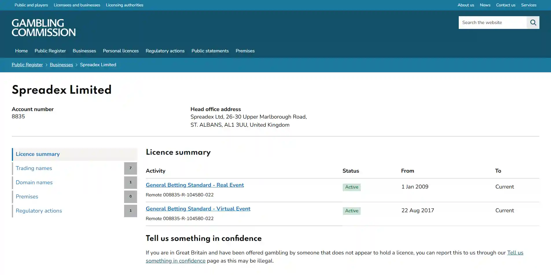 UK Gambling Commission licence summary for Spreadex Limited account 8835